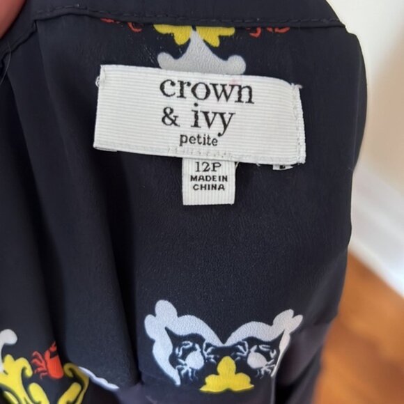 👗 Crown & Ivy Dress Navy Design Lined Dress size 12P white yellow Buttons crown - Picture 12 of 12